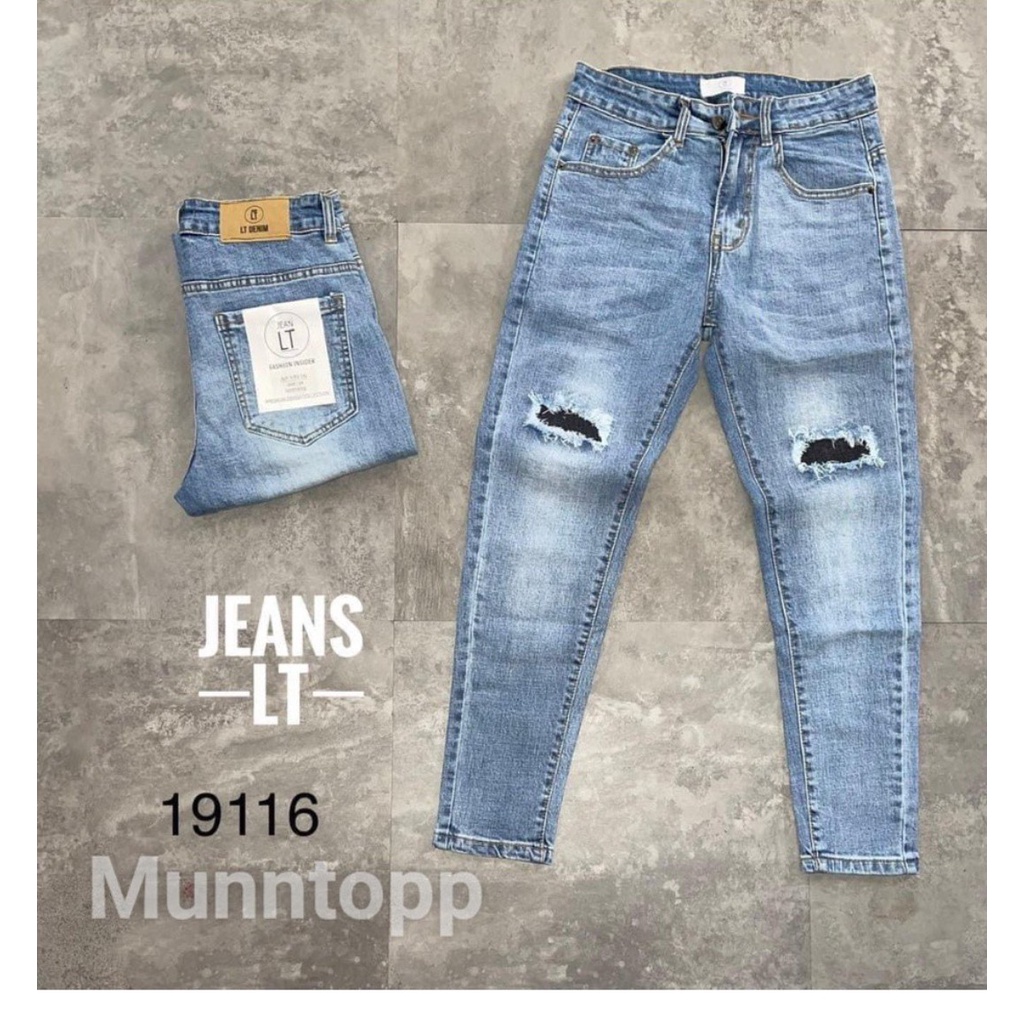 Quần jeans nam xanh sáng rách gối cực ngầu, quần jean nam co giãn mẫu mới trẻ trung