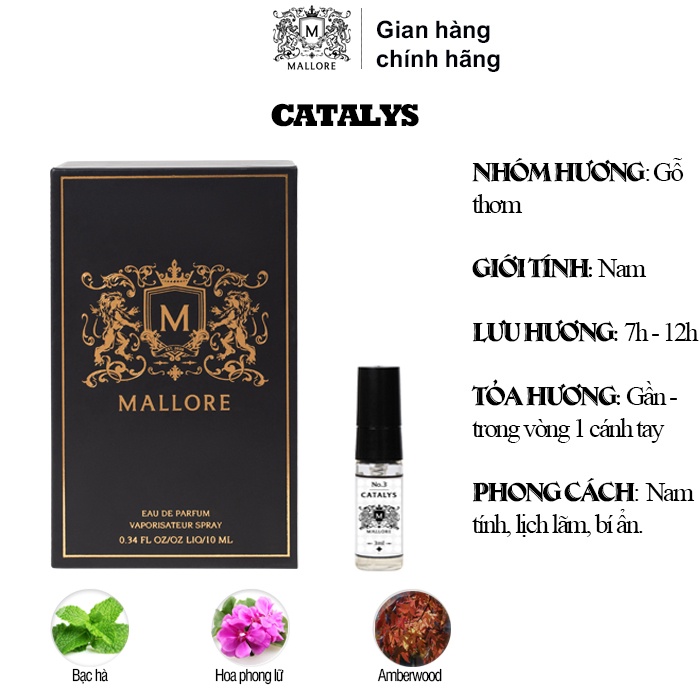 Nước hoa nam Mallore Catalys dạng xịt 3ml. Nước hoa mini nam tính, lịch lãm, bí ẩn