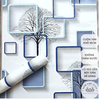Giấy dán tường ô vuông xanh dương 3D Xuân Vinh Decor rẻ đẹp cuộn 10m khổ 45cm có keo sẵn