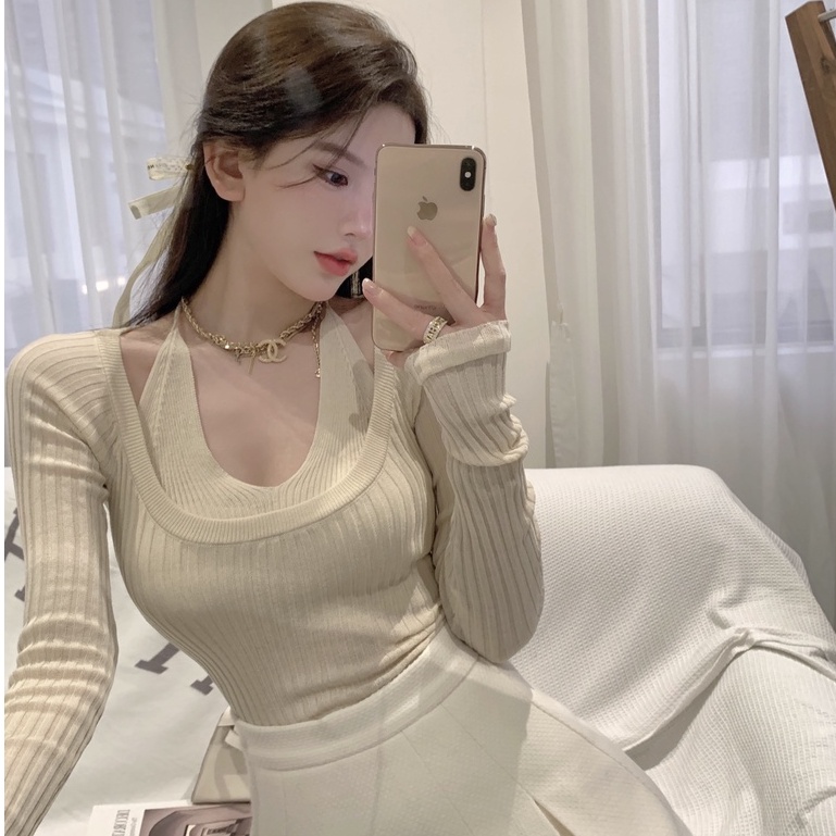 QKOOLE Áo dệt kim  tay dài đơn giản quyến rũ phong cách Hàn Quốc cho nữ