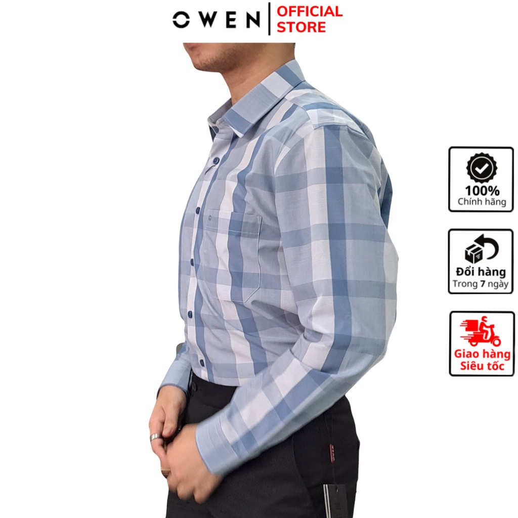 Áo sơ mi dài tay nam OWEN AR220852DT somi công sở vải sợi tre cao cấp kẻ caro xanh trắng dáng regular fit tà lượn có túi