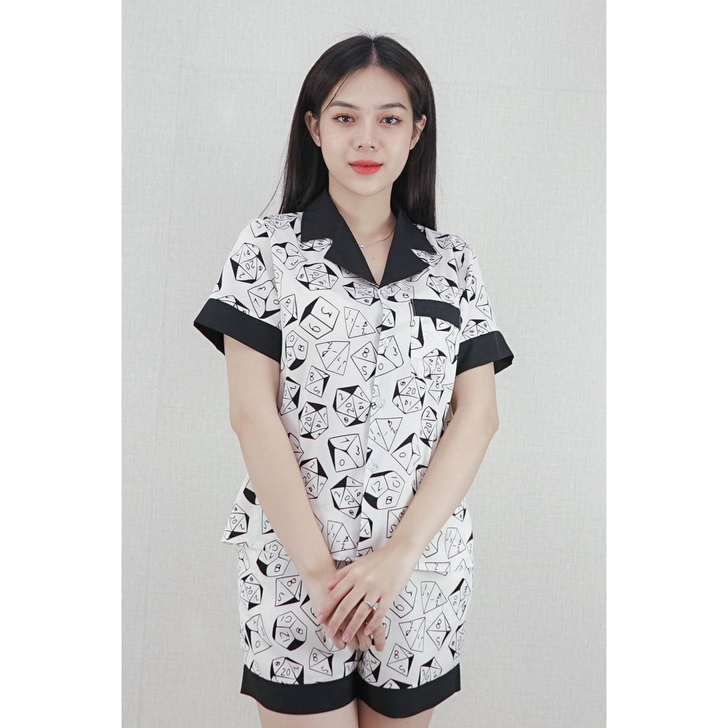 Bộ đồ Pijama nữ Quần ngắn tay ngắn TRẮNG Ô VUỒNG ĐEN PHA CỔ ĐEN - vải lụa nhật cao cấp - sang chảnh