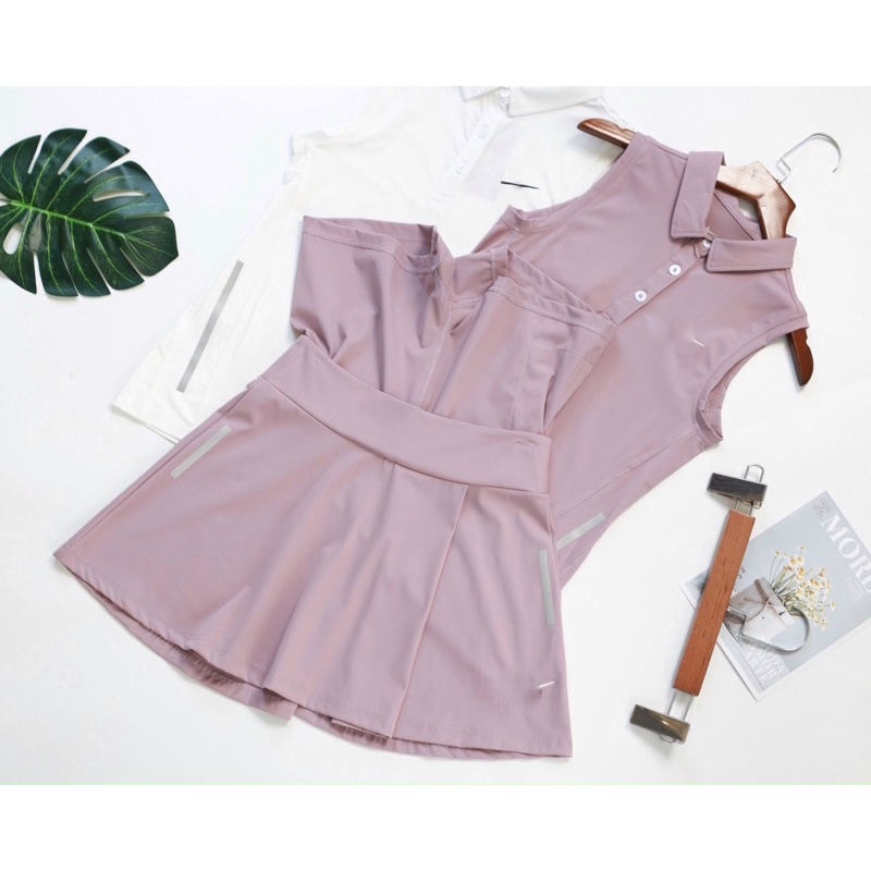 Bộ váy tennis áo có cổ sát nách chân váy xếp ly cách điệu cao cấp