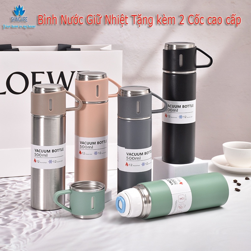 Bình giữ nhiệt nóng lạnh, Bộ bình giữ nhiệt kèm 2 ly cách nhiệt vacuum flask 500ml inox cao cấp có hộp đựng sang trọng.