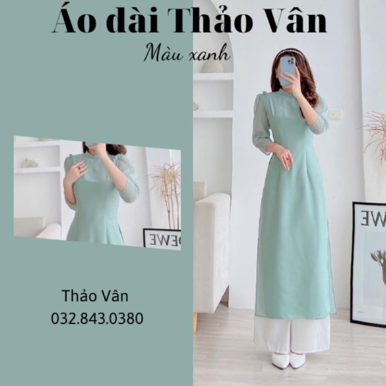 Áo dài cách tân hoạ tiết trơn giản thiết kế 4 tà tay lỡ màu xanh-TV203