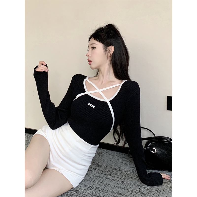 ZHELIHANGFEI Áo Dệt Kim Tay Dài Cổ Vuông Dáng Ôm Gợi Cảm Dành Cho Nữ