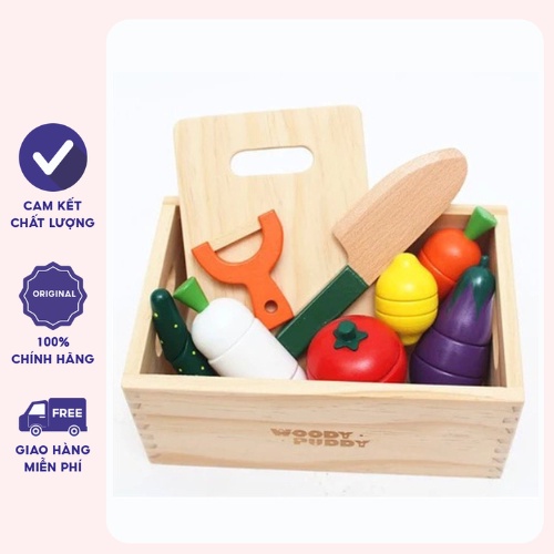 Đồ chơi nấu ăn bằng gỗ - Đồ chơi cắt ghép rau củ quả bằng gỗ xuất nhật cho bé có khay đựng