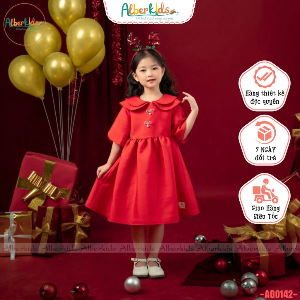 Váy bé gái ALBERKIDS thu đông đỏ cổ sen phối lưới lấp lánh cho trẻ em gái từ 2,3,4,5,6,7,8,9,10,11,12 tuổi AG0142