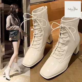 Bốt nữ kéo khoá gót vuông đan dây thời trang