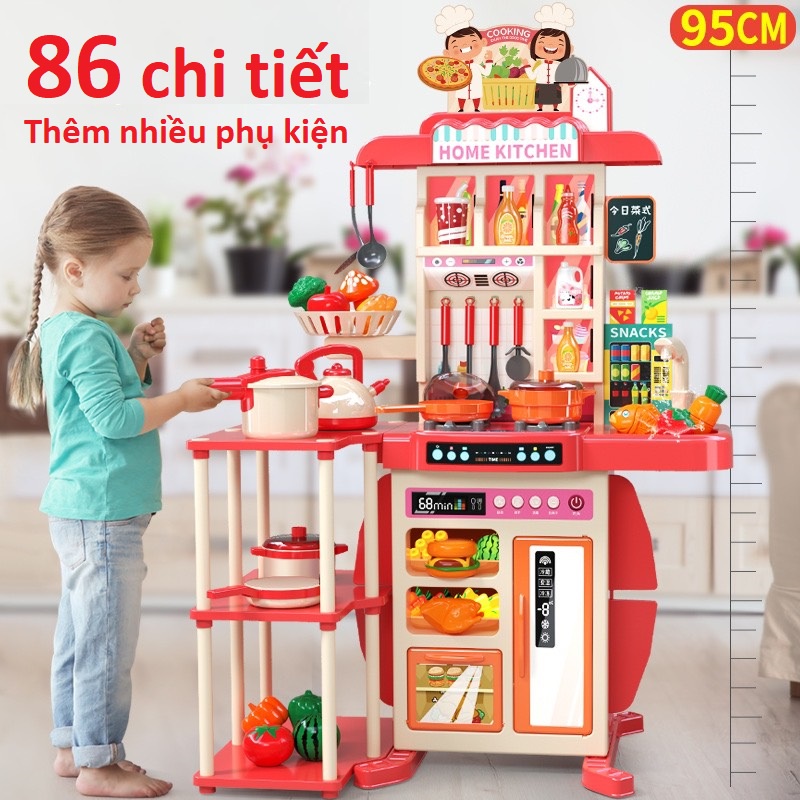 Đồ chơi nhà bếp cỡ lớn 95 cm, 86 chi tiết, phụ kiện đầy đủ phong phú âm thanh ánh sáng, vòi nước, tủ lạnh lò nướng...