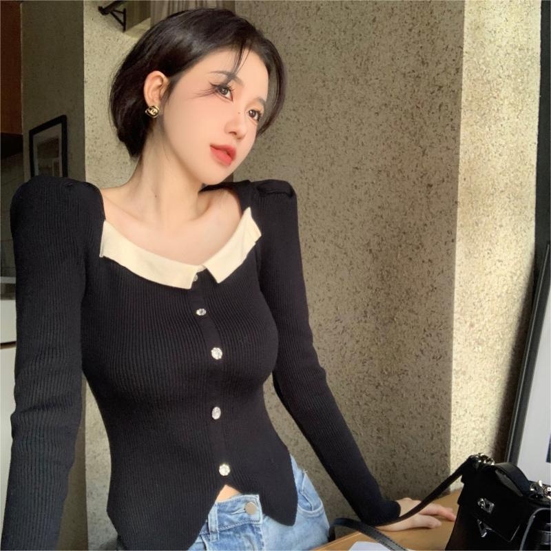 ZHELIHANGFEI Áo Sweater Dài Tay Lưng Cao Phong Cách Pháp Quyến Rũ