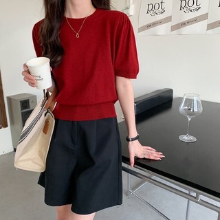 Áo len đỏ cổ tròn cộc tay vai bồng