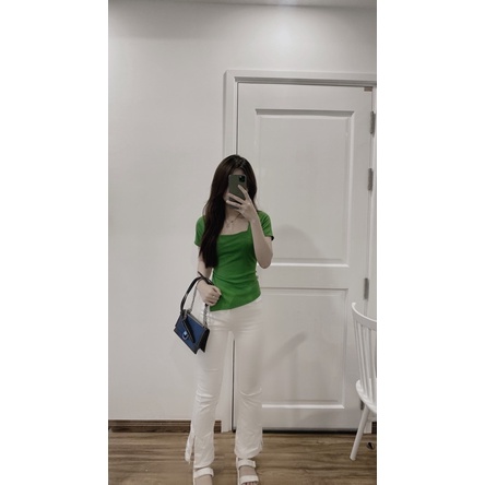 Áo croptop kiểu tay ngắn xẻ tà màu trơn co dãn, Áo thun cổ vuông croptop cá tính phong cách Hàn Quốc