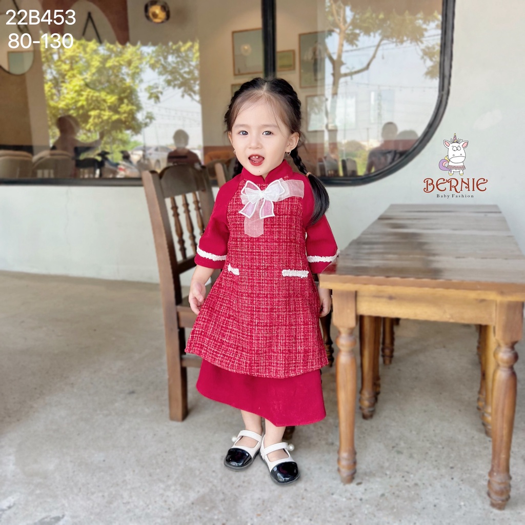 Áo dài dạ kèm chân váy xoè cho bé gái, set áo dài bé gái hàng thiết kế hàng đẹp
