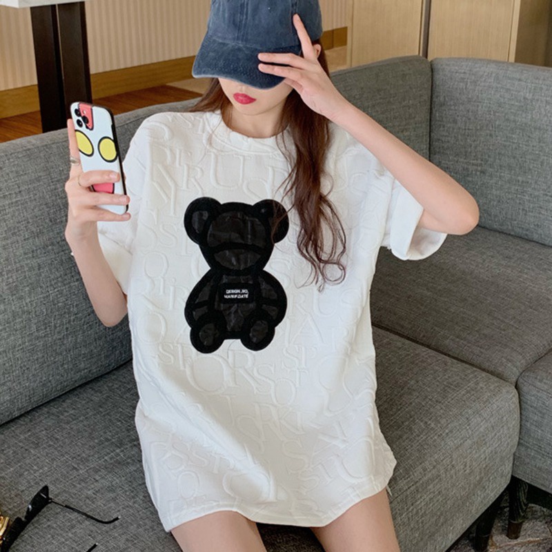 Áo Thun Tay Ngắn Cổ Tròn Thêu Hình Gấu Dễ Phối Đồ Thời Trang Cho Nữ