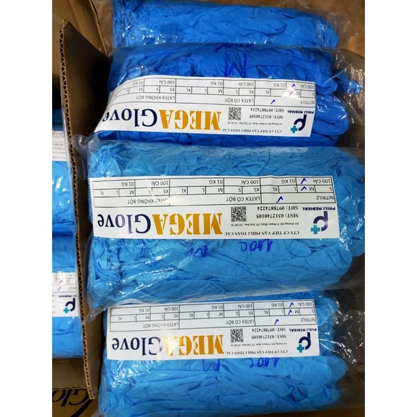 Túi 100 chiếc găng tay y tế Nitrile màu xanh, hàng mới 100%