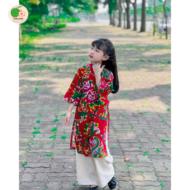 Áo Dài Công Mặc Tết Có Size Đại Cho Bé Gái Công Đỏ Công Xanh Tay Loe Vintage Cổ Điển Trẻ Em Khánh An Baby Na FA098Đ