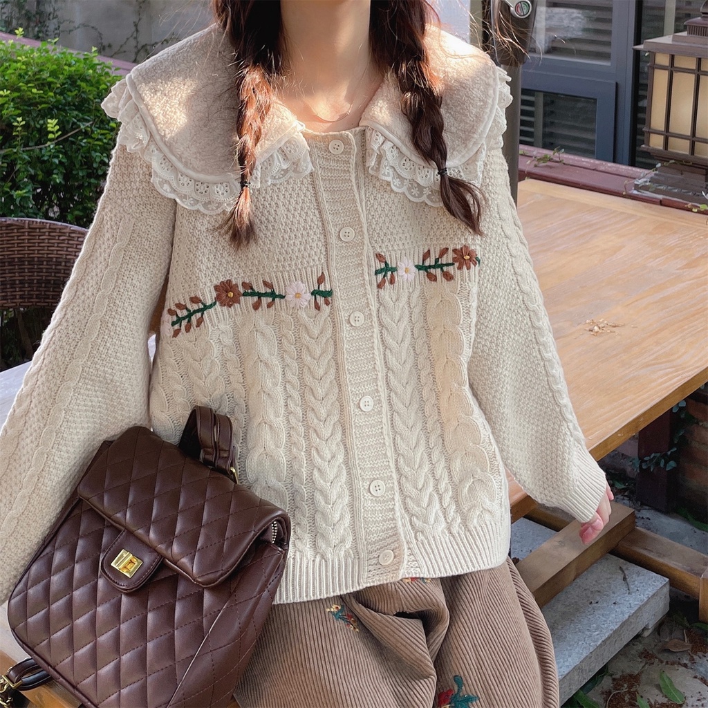 Áo khoác len nữ tay dài cổ búp bê phối ren thêu hoa vintage, áo khoác cardigian len nữ phối chân váy hàn quốc 0105
