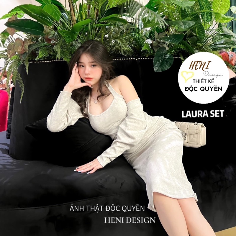 LAURA SET - Váy Body Thun Gân Cổ Yếm Đan Chéo Ngực + Áo Khoác Croptop, Đầm Body