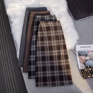 Chân Váy Len Dài Qua Gối Dáng Chữ a Lưng Cao Xẻ Tà Họa Tiết Kẻ Sọc Thời Trang Thu Đông Mới Cho Nữ