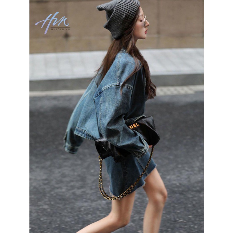 Áo Khoác Denim Cổ Bẻ Dáng Ngắn Phong Cách Hong Kong Thời Trang Mùa Thu 2022 Mới