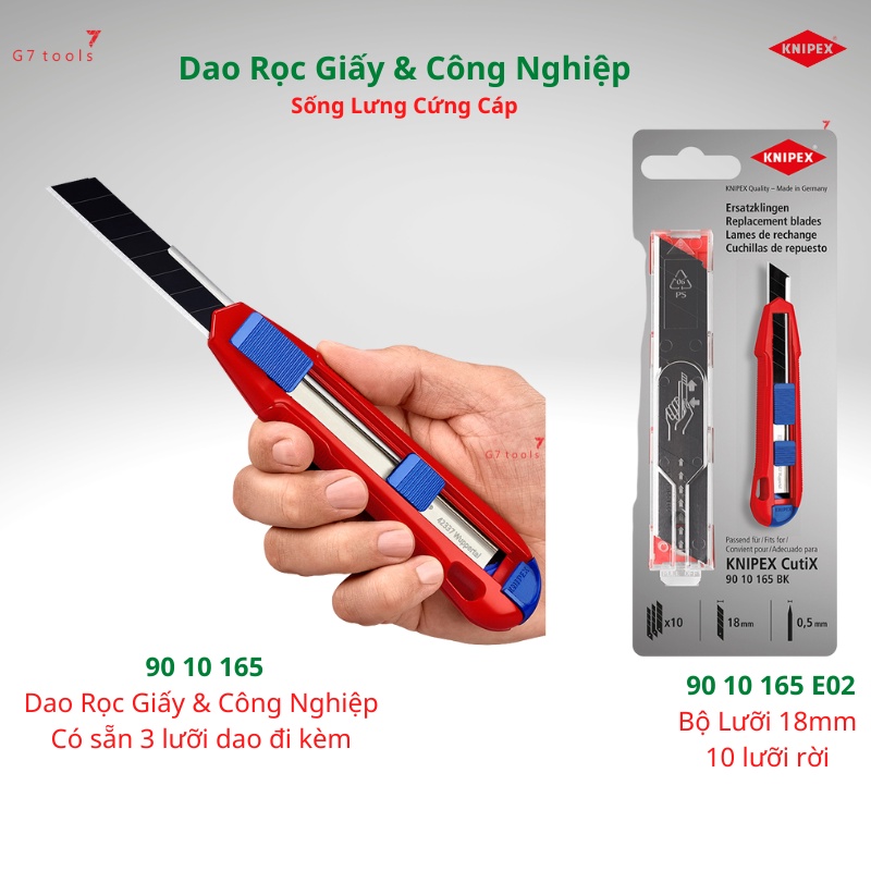 KNIPEX CutiX® 90 10 165 BK Dao Rọc Có Sống Lưng Cứng Cáp và An Toàn & Bộ Lưỡi Thay Thế Gồm 10 Chiếc 90 10 165 E02_G7t