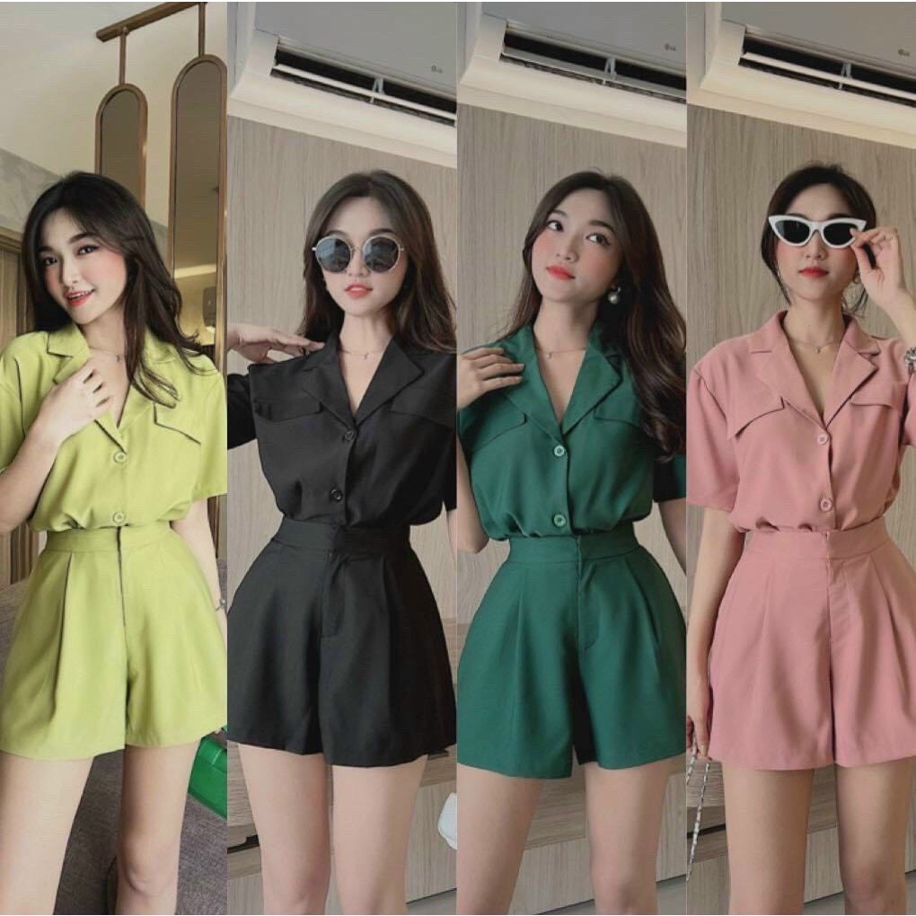 sét bộ đùi lụa áo kiểu sơ mi phối túi hot