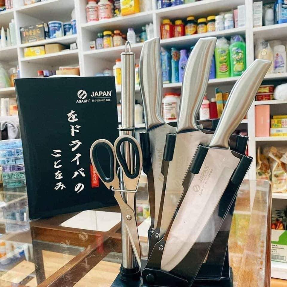 Bộ dao kéo Nhật inox 6 món đúc nguyên khối cao cấp sử dụng cho nhà bếp, kháng khuẩn tốt - tặng kèm bộ để dao thớt A18