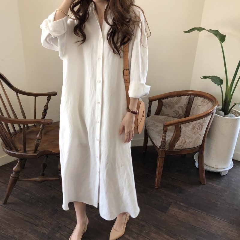 Đầm sơ mi trơn nữ Dáng dài Thiết kế Tay dài Hàn Quốc Sơ mi trơn trắng nữ Giấu quần Chất Cotton Linen Thời trang