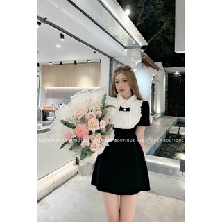 Đầm nhung phối cổ bèo dập ly đính nơ