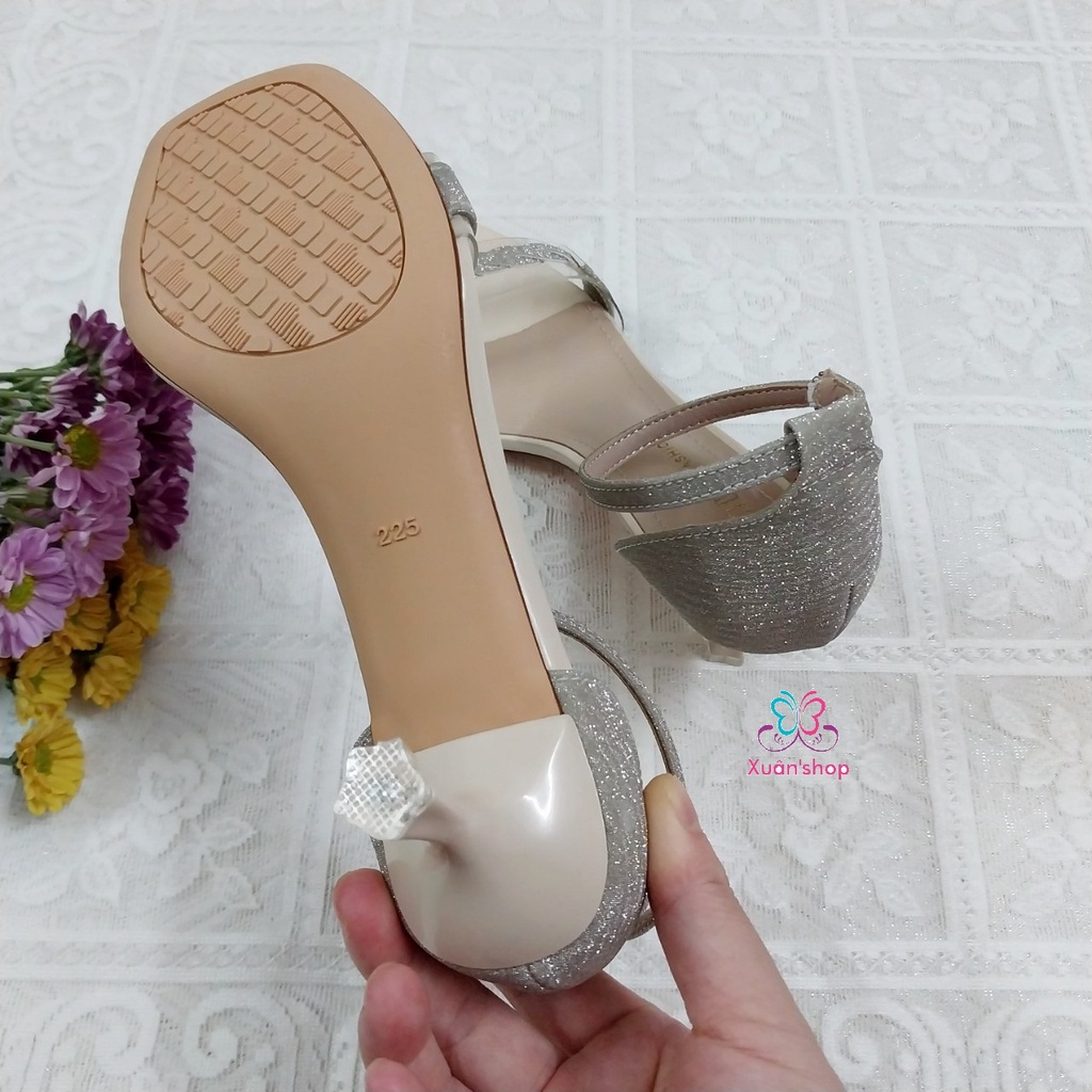Giày sandal Dusto chất da phối ánh kim, gót nhọn 6cm (có sẵn)