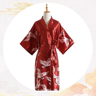 Áo choàng ngủ lụa cao cấp kiểu kimono in hình chim hạt sang trọng với màu đỏ đậm quyến rũ BT042A