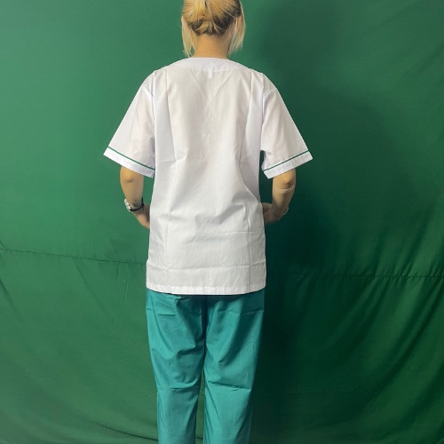 Quần Áo Blu Nữ Dược sỹ, Đồng Phục Quầy Thuốc,  Nhà Thuốc, Bộ Blouse Cổ Tim Màu Trắng Viền Xanh Lá, Xanh Dương