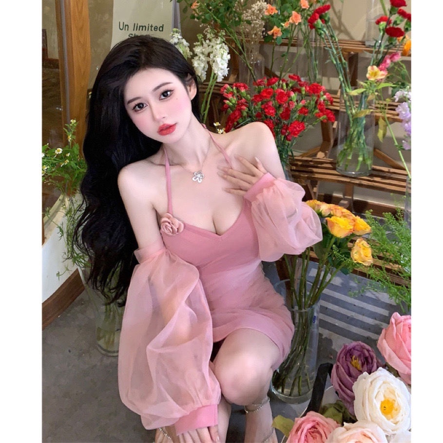 Váy Ngắn Xếp Ly Ôm Eo Tay Phồng Phối Lưới Hoa Trà Màu Trơn Phong Cách Mới Mùa Hè220526