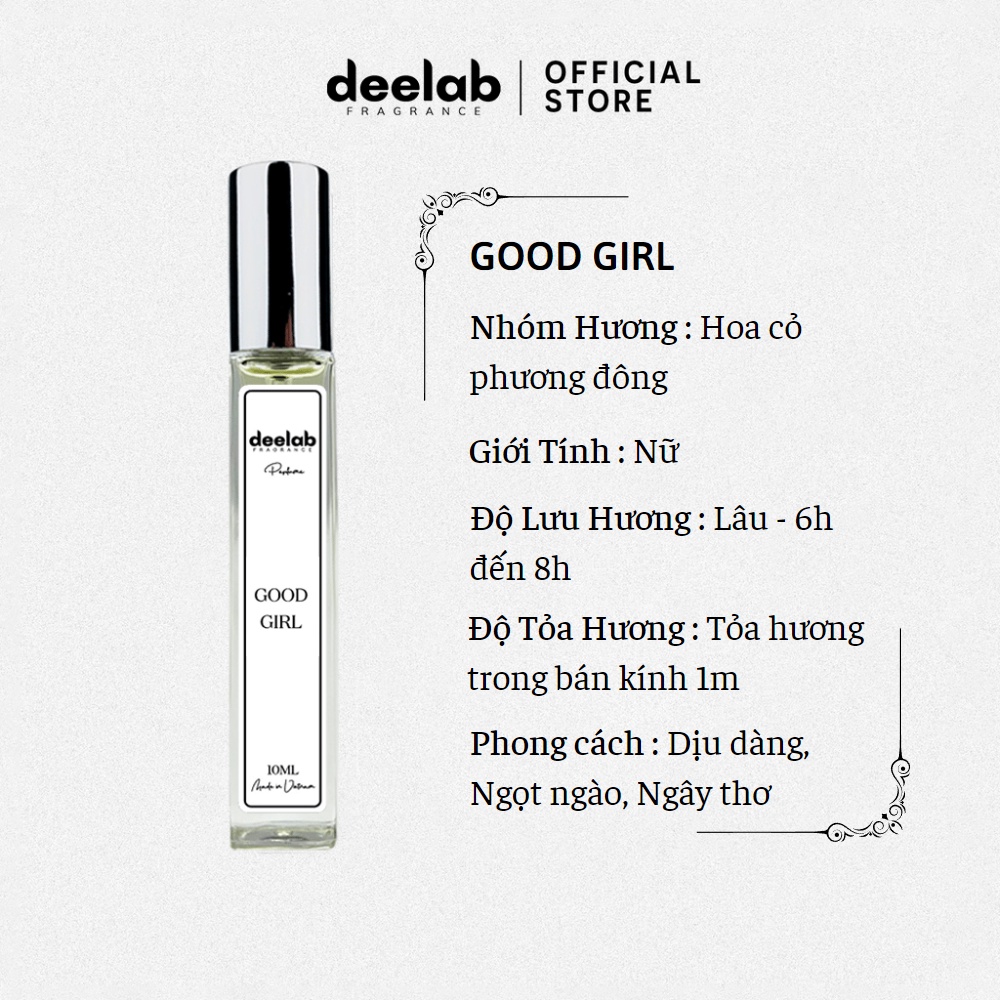 Tinh Dầu Nước Hoa Nữ Deelab Good Girl Cá Tính, Ngọt Ngào, Gợi Cảm 10ml - Dạng Xịt Tiện Lợi | BigBuy360 - bigbuy360.vn