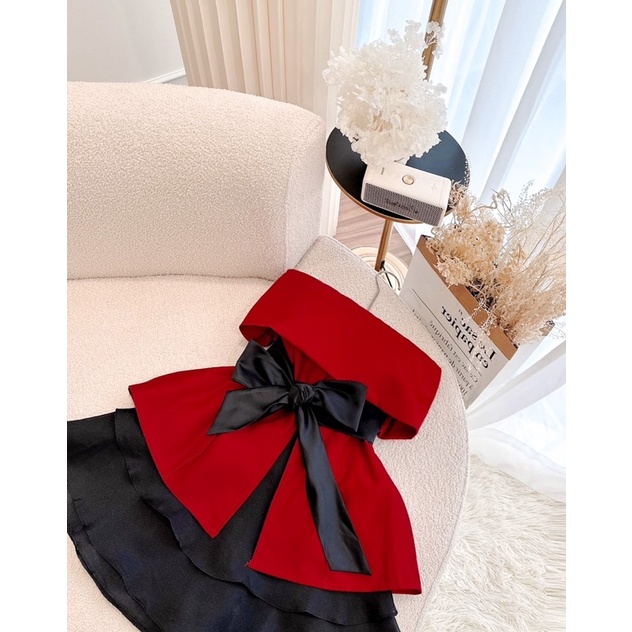 SET ÁO ỐNG ĐỎ THẮT NƠ ĐEN EO + CHÂN VÁY XOÈ