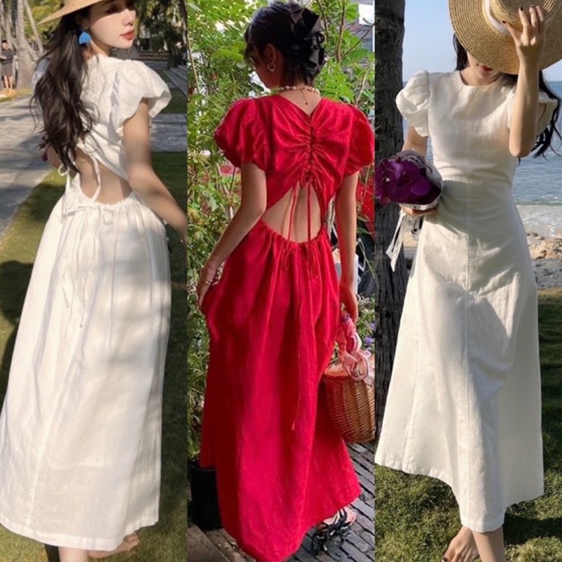 ĐẦM MIDI TRẮNG HỞ LƯNG (về thêm đỏ)