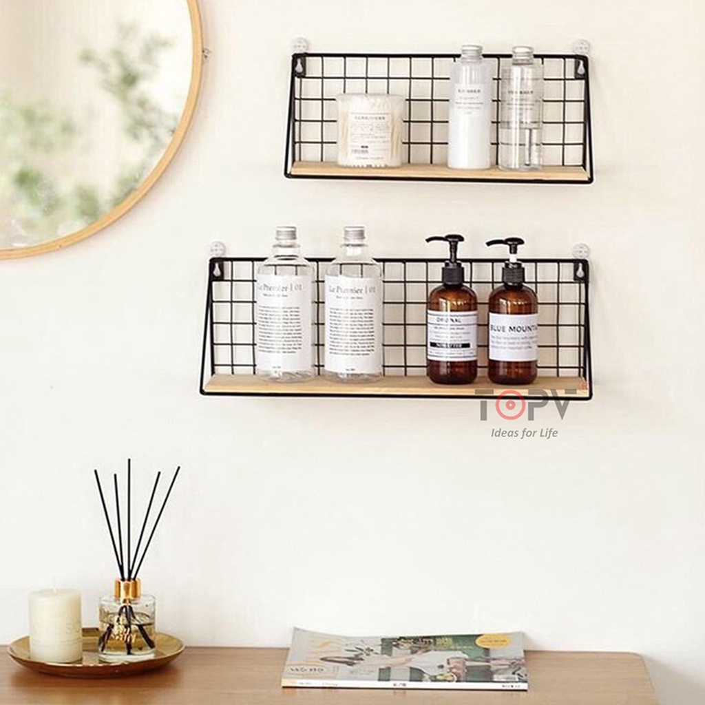 Kệ sắt đáy gỗ treo tường TopV khung lưới sơn tĩnh diện gắn tường decor trang trí nhà cửa phòng khách phòng làm việc cafe