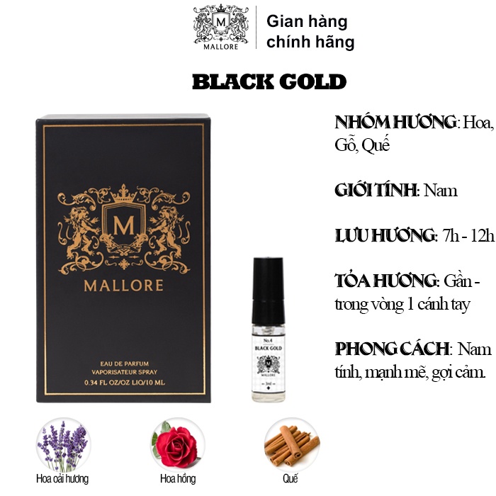 [Mã BMLT35 giảm đến 35K đơn 99K] Nước hoa nam Mallore Black Gold dạng xịt. Nước hoa mini nam tính, gợi cảm, thu hút 3ml