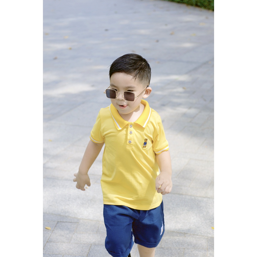 Áo Polo cho bé, áo bé trai có cổ chất cotton 4 chiều thêu hình gấu