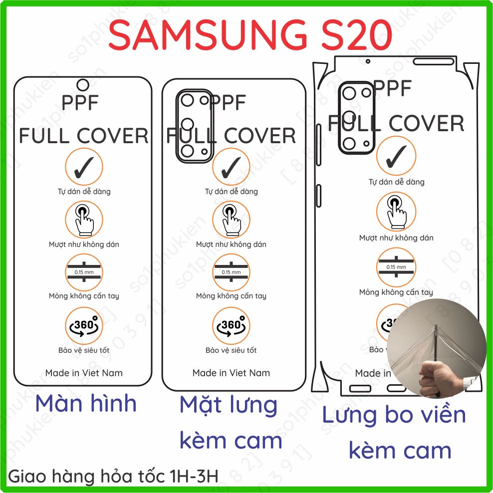 Dán PPF Samsung S20 loại trong, nhám dành cho màn hình, mặt lưng, full viền