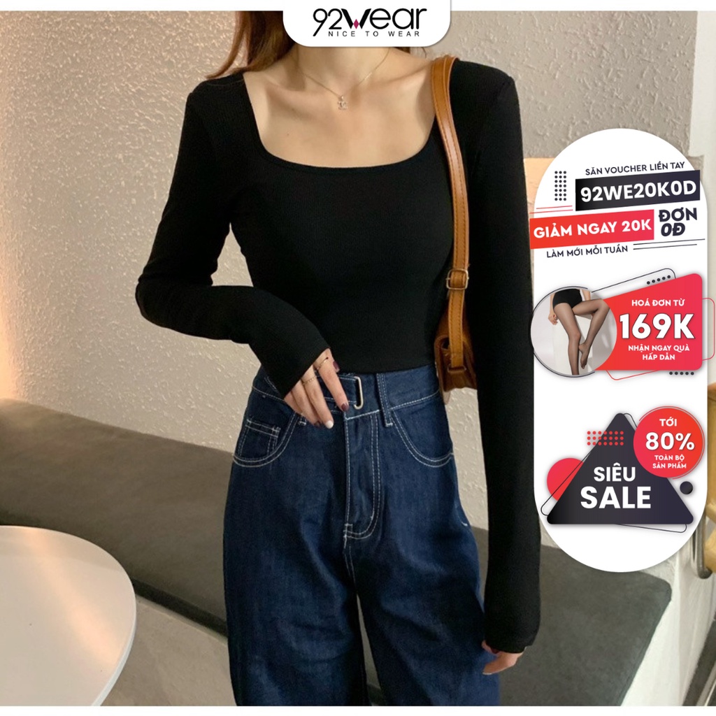 Áo thun tay dài 92WEAR cổ vuông vải thun ôm body crotop nữ cotton co giãn tốt AG003