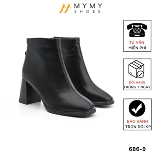 Giày Boot Nữ Cổ Lửng Da Lì Mũi Vuông  My My Shoes Khóa Sau Kim Loại Tròn (686-9)
