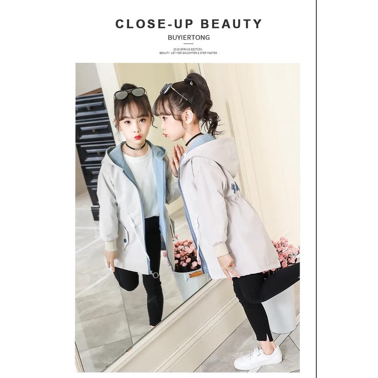 Áo Khoác Gió Dáng Dài Có Mũ Trùm Thời Trang Hàn Quốc Cho Bé Gái UL2T