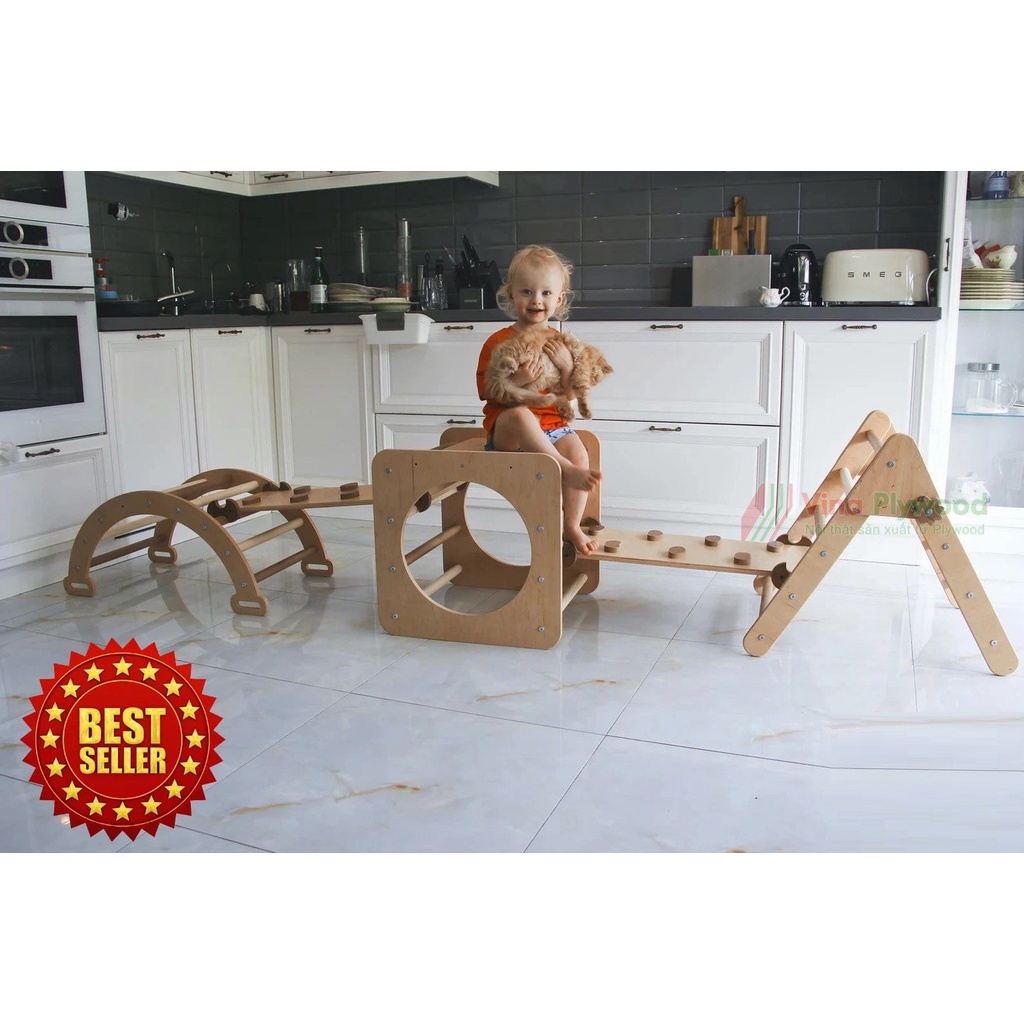 Bộ thang vân động montessori 5 chi tiết, sản xuất bằng plywood phủ melamin an toàn vơi trẻ em
