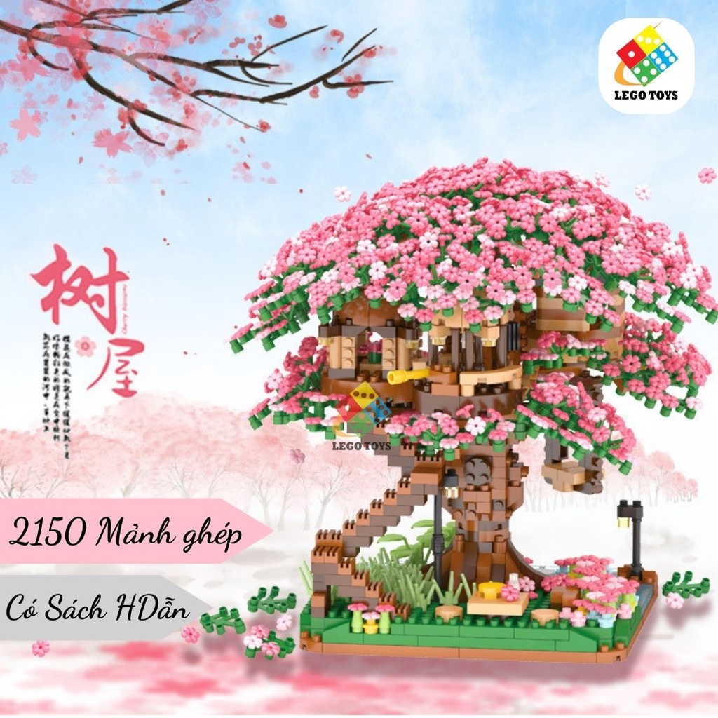 LEGO Hoa - Lâu Đài Hoa Anh Đào 2150 PSC - Bộ Đồ Chơi Xếp Hình Ngôi Nhà Trên Cây, Hoa Lego BonSai Cây Cảnh - Tặng Dây LED