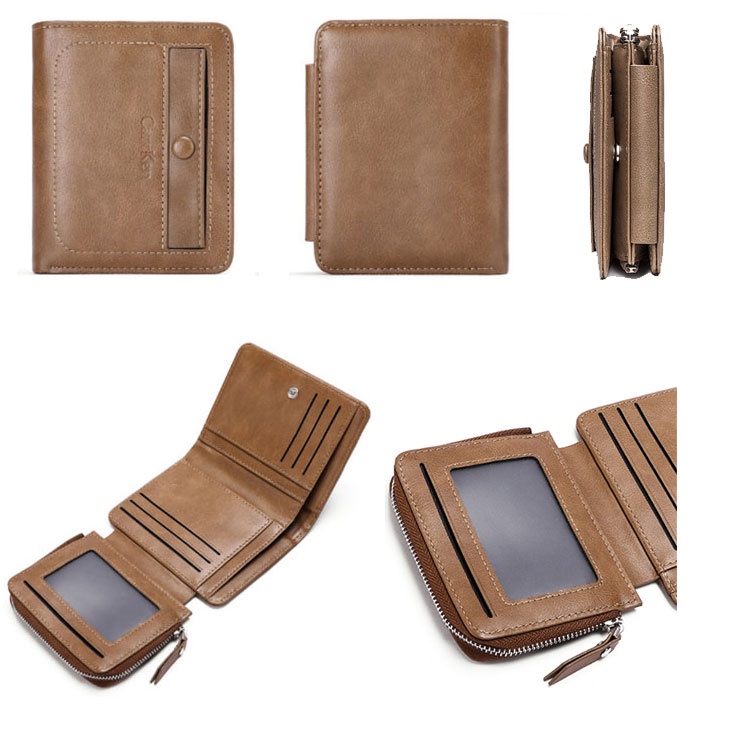 Ví Da PU Ngắn Gập Làm Ba Đựng Nhiều Thẻ Có Khóa Kéo Đa Năng Phong Cách Retro Cho Nam