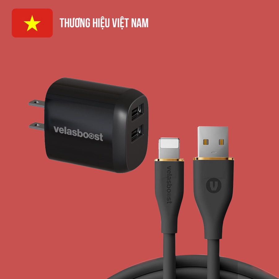 Bộ sạc 2 cổng 12w velasboost kèm cáp usb - lightning v-colours