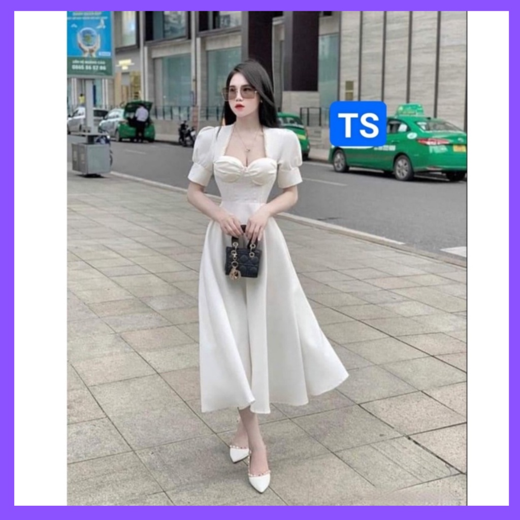 váy trắng nữ dáng dài dự tiệc thanh lịch - đầm dáng xòe cổ vuông tay bồng nữ đẹp dự tiệc , chụp ảnh cưới,kỷ yếu