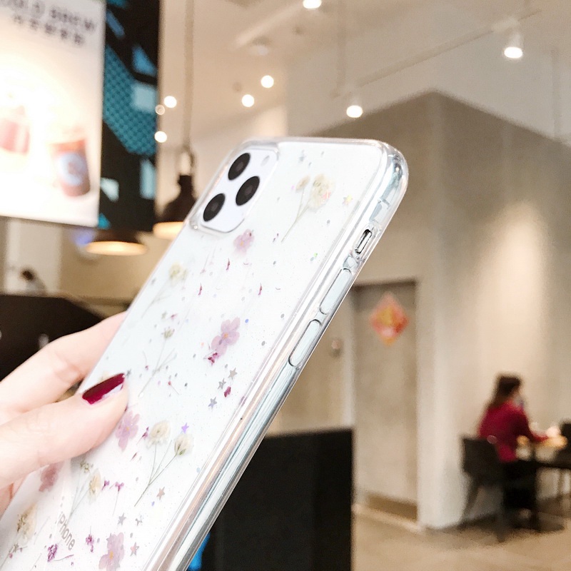 Ốp Điện Thoại Silicon Epoxy Mềm Trong Suốt Phối Hoa Khô Dành Cho iPhone 14 13 12 11 Pro Max X XR XS 7 8 Plus SE 2020 6 12